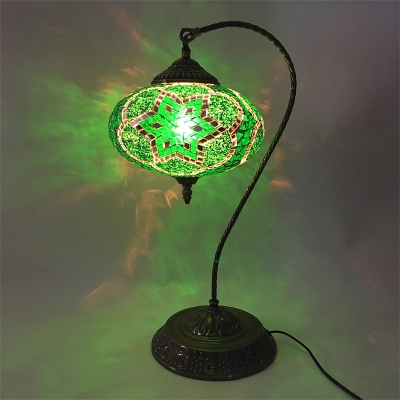 Stained Glass Oval Night Light Vintage 1-Bulb Bedroom Nightstand Lamp in Yellow/Green/Blue with Curved Arm