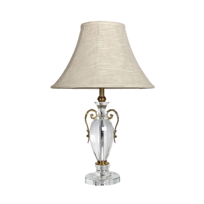 Traditional Bell Nightstand Light 1 Bulb Fabric Table Lamp in Beige with Crystal Accent