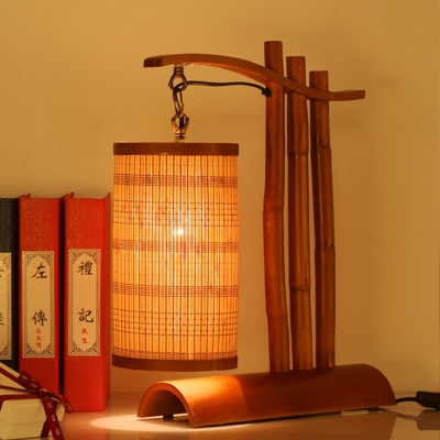 Tubular Bamboo Desk Lamp Chinese 1 Head Red Brown Task Lighting with Half-Cylinder Wood Base