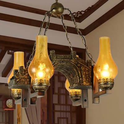 Vintage Vase Ceiling Chandelier 4 Lights Amber Crackle Glass Pendant Lighting in Bronze