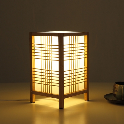 1 Bulb Bedroom Desk Light Japanese Beige Task Lighting with Rectangle Wood Shade
