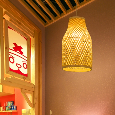 1 Bulb Teahouse Ceiling Lamp Asian Wood Pendant Light Fixture with Handmade Bamboo Shade