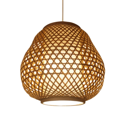 1 Bulb Teahouse Hanging Light Asian Beige Pendant Lighting Fixture with Pear Bamboo Shade