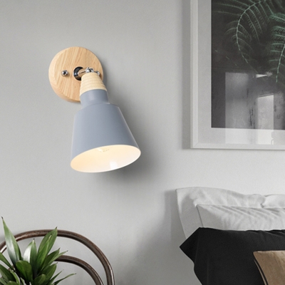 1 Head Conical Wall Lighting Modernist Metal Sconce Light Fixture in Grey/Black with Circular Wood Backplate