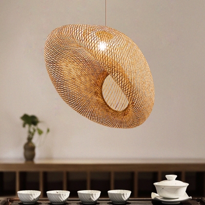 1 Head Living Room Hanging Lamp Asia Flaxen Pendant Light Fixture with Handmade Bamboo Shade