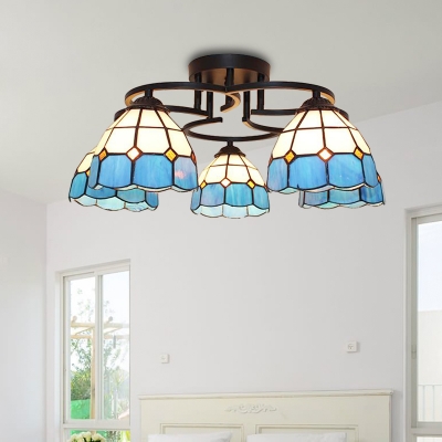 5 Lights Bedroom Semi Flush Mount Tiffany Blue/Green Ceiling Lighting with Dome Stained Glass Shade