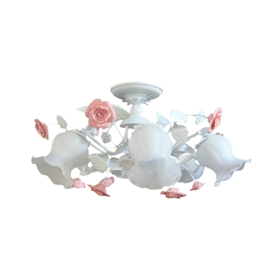 6 Bulbs Scallop Ceiling Flush Pastoral White Glass LED Semi Mount Lighting for Bedroom
