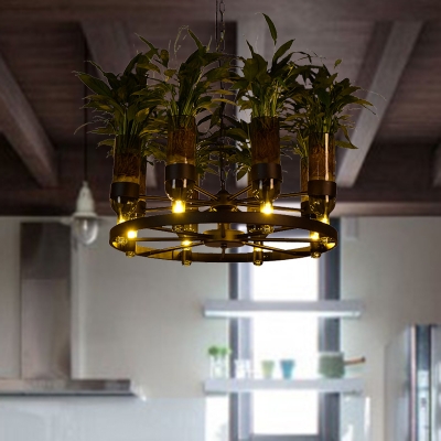 8 Lights Wine Bottle Chandelier Industrial Green Metal LED Plant Pendant Light for Restaurant
