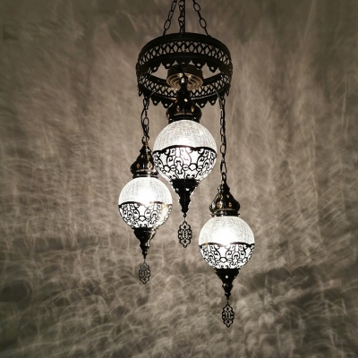 Antiqued Ball Chandelier Pendant 3 Heads Metal Hanging Light Fixture in White/Bronze with Crackle Glass Shade