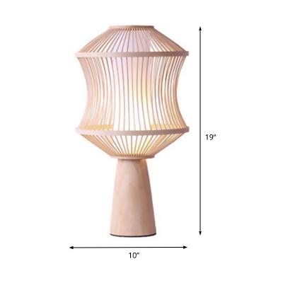 Asian Lantern Task Light Bamboo 1 Head Small Desk Lamp in Beige with Wood Conical Base