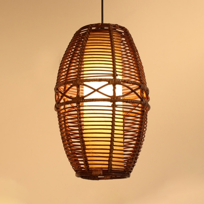 Bamboo Urn Ceiling Lamp Asia 1 Head Brown Hanging Light Kit with Inner Tube Parchment Shade