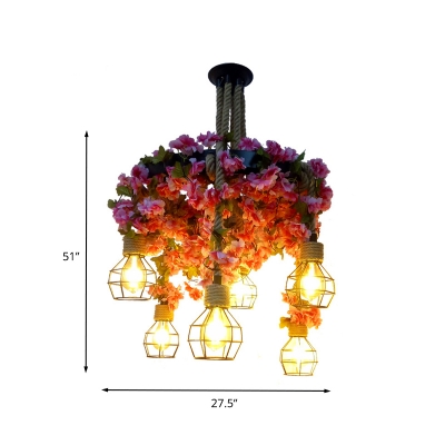 Bare Bulb Metal Chandelier Lighting Industrial 6 Lights Restaurant LED Ceiling Lamp in Pink with Cherry Blossom