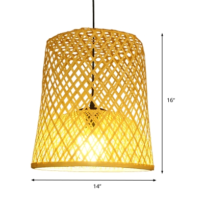 Barrel Ceiling Lamp Asian Bamboo 1 Head Beige Hanging Pendant Light for Restaurant