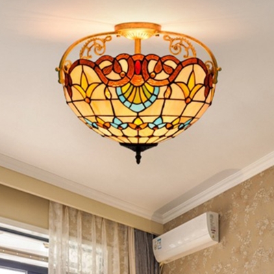 Beaded Cut Glass Semi Flush Light Fixture Tiffany Style 3 Lights Brown/Yellow/Blue Ceiling Lighting for Bedroom