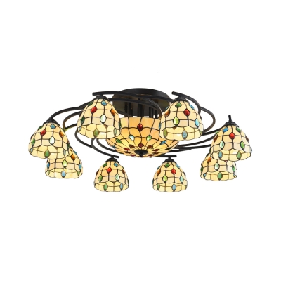 Beige Jewelry Semi Flush Light Fixture Mediterranean 9/11 Lights Stained Glass Ceiling Lamp