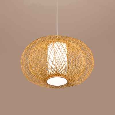 Beige Pumpkin Ceiling Lamp Japanese 1 Head Bamboo Hanging Light Fixture with Inner White Tube Parchment Shade