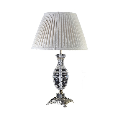 Beige Urn Table Lamp Antique Clear K9 Crystal Single Head Restaurant Night Light with Tapered Fabric Shade