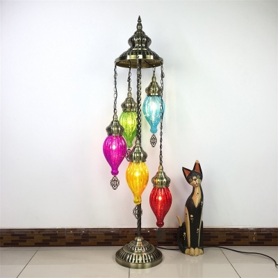 Brass 5 Bulbs Stand Light Traditional Metal Rotate Floor Lamp with Teardrop Colorful Glass Shade
