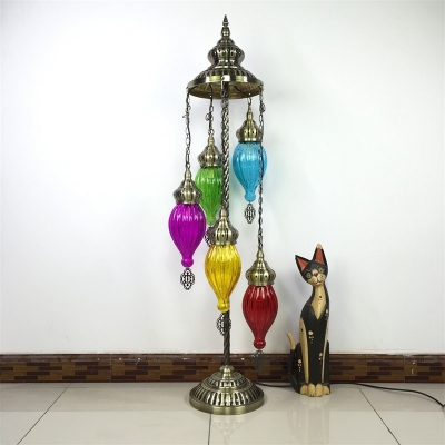 Brass 5 Bulbs Stand Light Traditional Metal Rotate Floor Lamp with Teardrop Colorful Glass Shade