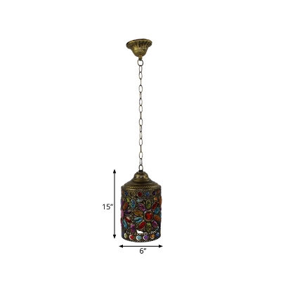 Brass Cylinder Suspension Lighting Traditional Metal 1 Head Living Room Pendant Light, 6
