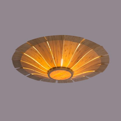 Chinese Flying Saucer Semi Flush Mount Wood 1 Bulb Ceiling Light Fixture in Beige