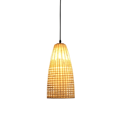 Chinese Hand-Woven Hanging Lamp Bamboo 1 Head Pendant Lighting Fixture in Wood for Dining Room