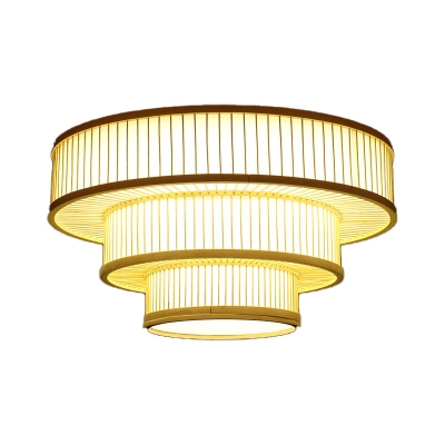 Chinese LED Flushmount Beige Tiered Ceiling Mount Light Fixture with Bamboo Shade