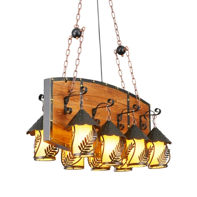 Conical Dining Room Island Lighting Industrial Clear Glass/White Fabric 8 Lights Brown Linear Pendant