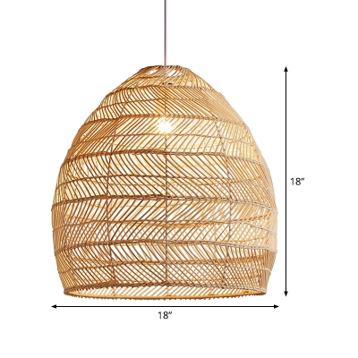 Curved Pendant Light Chinese Bamboo 1 Bulb Beige Ceiling Suspension Lamp, 14