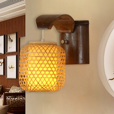 Cylindrical Sconce Light Chinese Bamboo 1 Head Brown Wall Mount Lighting with Inner White Parchment Shade