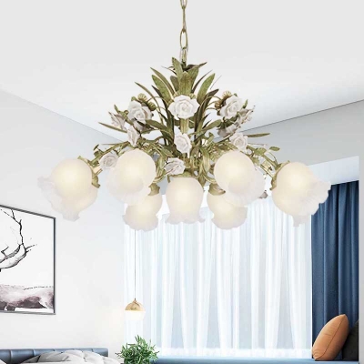 Floral Cream Glass Chandelier Light Traditionalism 4/7/9 Bulbs Bedroom LED Pendant Lamp in Green