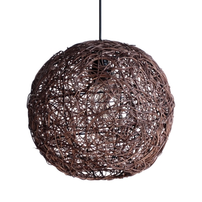 Hand Woven Ceiling Lamp Japanese Rattan 1 Bulb Hanging Pendant Light in Coffee for Bedroom
