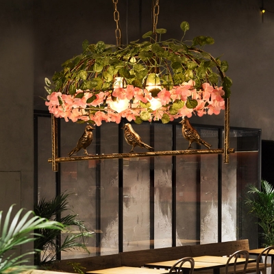 Industrial Birdcage Island Light Fixture 2/3/4 Bulbs Metal Ceiling Suspension Lamp in Brass with Flower Decor