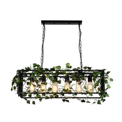 Industrial Rectangle Island Light Fixture 6 Bulb Metal LED Plant Ceiling Suspension Lamp in Black