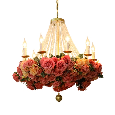 Metal Candle Chandelier Light Fixture Antique 10 Heads LED Restaurant Pendant Lamp in Pink with Rose Decoration