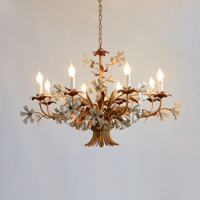 Retro Candle Chandelier Lighting Fixture 8 Heads Metal Pendant Ceiling Light with Flower Decor in Brass