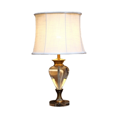Retro Flared Table Lamp 1 Head Clear Crystal Nightstand Light in Beige with Fabric Shade