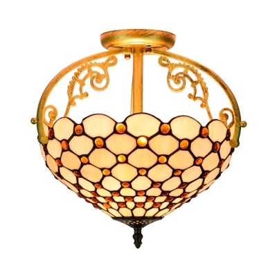 Stained Glass Beaded Semi Flush Lighting Mediterranean 2 Lights Beige Ceiling Lamp