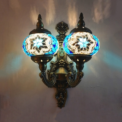 Traditional Oval Wall Sconce Light 2 Heads Stained Glass Wall Mounted Lamp Fixture in White/Yellow/Green for Corridor