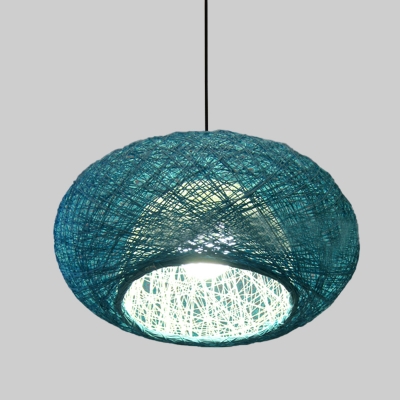 1 Bulb Restaurant Hanging Lamp Asia Blue Ceiling Pendant Light with Lantern Rattan Shade
