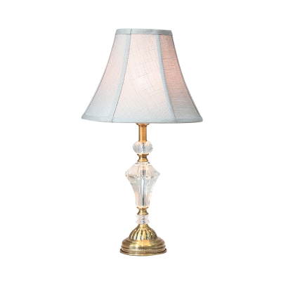 1 Head Paneled Bell Table Lamp Traditional White Fabric Nightstand Light with Urn-Shaped Crystal Accent