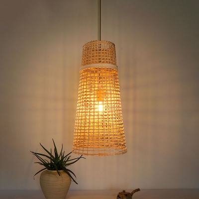 1 Head Tearoom Hanging Light Asian Beige Pendant Lighting Fixture with Bell Bamboo Shade