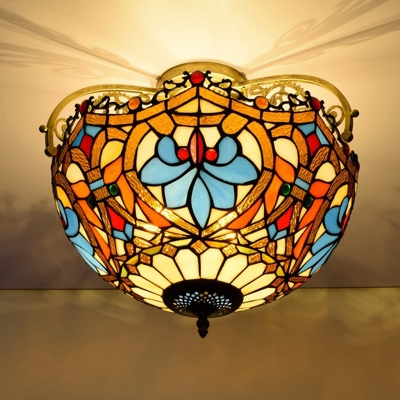 2/3 Lights Semi Mount Lighting Tiffany Flower Stained Glass Ceiling Mounted Fixture in Brown