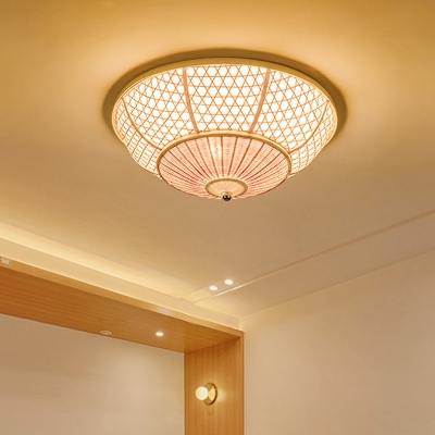 3 Bulbs Bedroom Flush Mount Asia Beige Ceiling Light Fixture with Flared Bamboo Shade