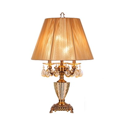 3 Bulbs Crystal Night Light Antique Beige Drum Bedroom Table Lamp with Metal Carved Base