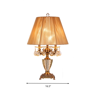 3 Bulbs Crystal Night Light Antique Beige Drum Bedroom Table Lamp with Metal Carved Base