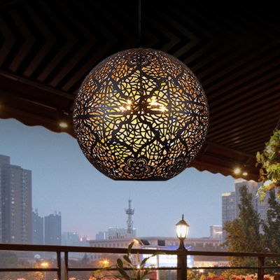 3 Heads Sphere Pendant Chandelier Traditional Metal Ceiling Suspension Lamp in Black