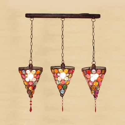 3 Lights Conical Cluster Pendant Bohemian Rust Metal Hanging Light Fixture with Round/Linear Canopy