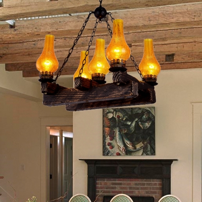 5 Lights Chandelier Lamp Vintage Vase Shaped Amber Crackle Glass Pendant in Dark Wood for Dining Room