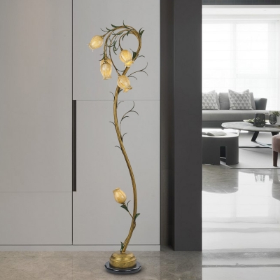 6 Heads Flower Floor Lamp Vintage Brass Frosted Glass Standing Light for Living Room